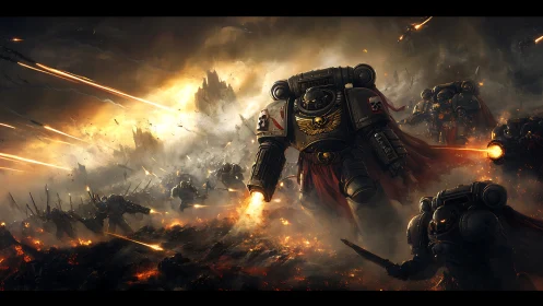 Armored sci fi soldiers advancing through burning battlefield.