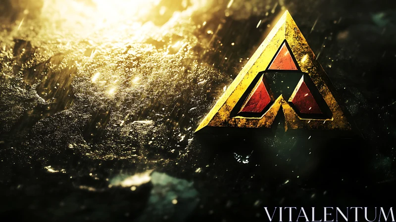 Stormlit golden triangle emblem amid rain-slashed grit.