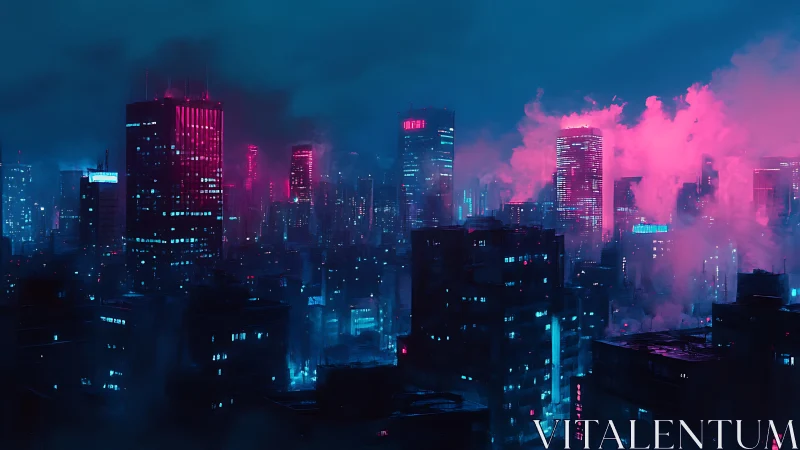 Neon lit cyberpunk city skyline in heavy pink fog.
