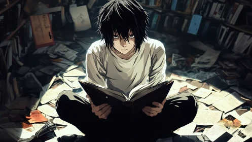 Brooding midnight reader in a storm of scattered pages.