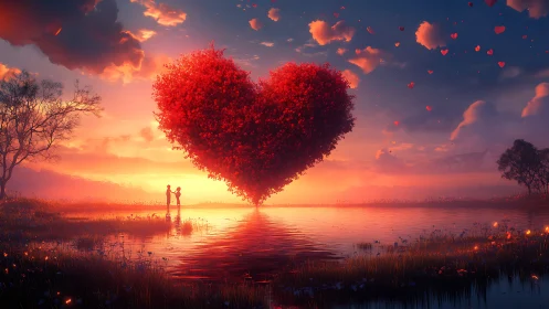 Red heart-shaped tree cloud above water with figures and sunset.