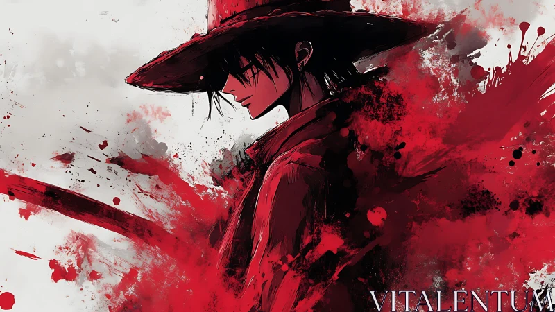 Swordsman silhouette stands in red splatter abstract field