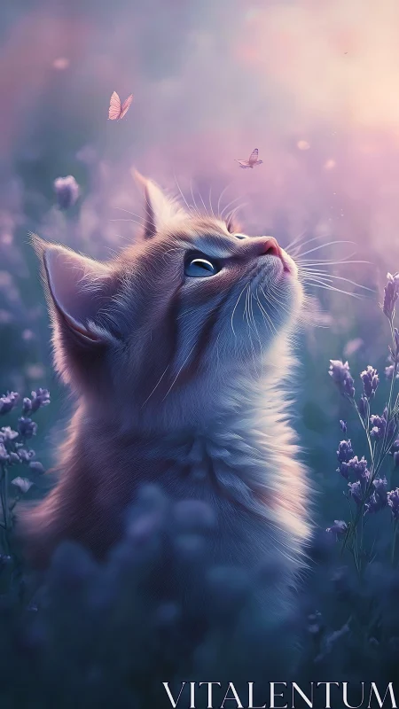 Soft-lit kitten studies butterflies in shallow depth lavender field