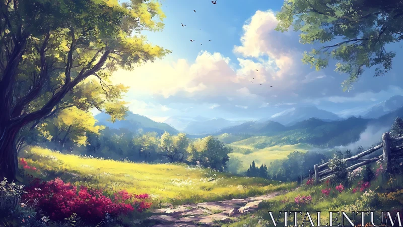 Sunlit meadow path opening onto peaceful mountain valleys.