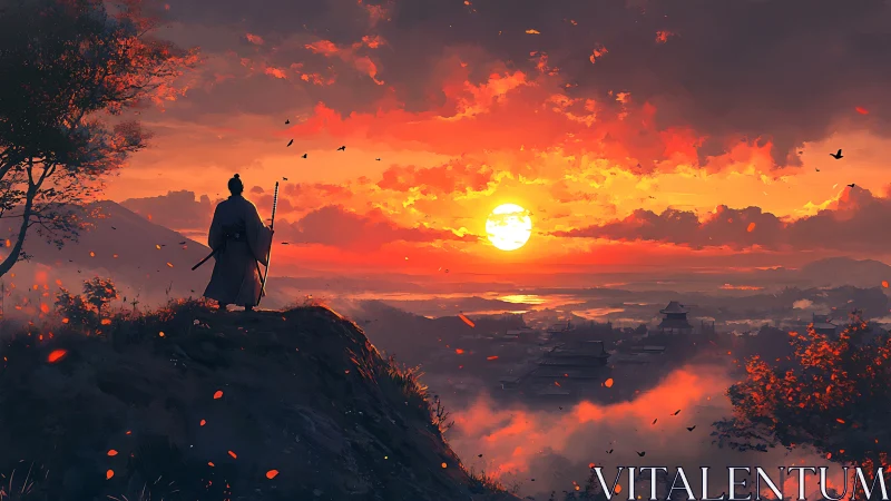Lone samurai quietly greets a blazing sunset over distant town