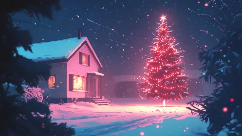 Snowlit cottage and glowing Christmas tree in hush of night.