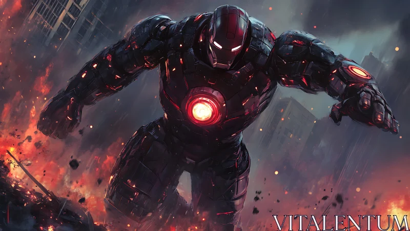 Armored titan charges through blazing city ruins in power