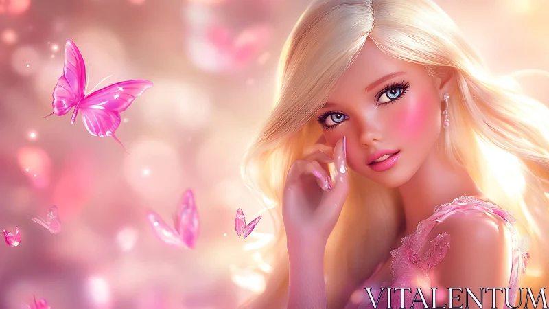 Soft pink butterflies drift around a dreamy blonde girl