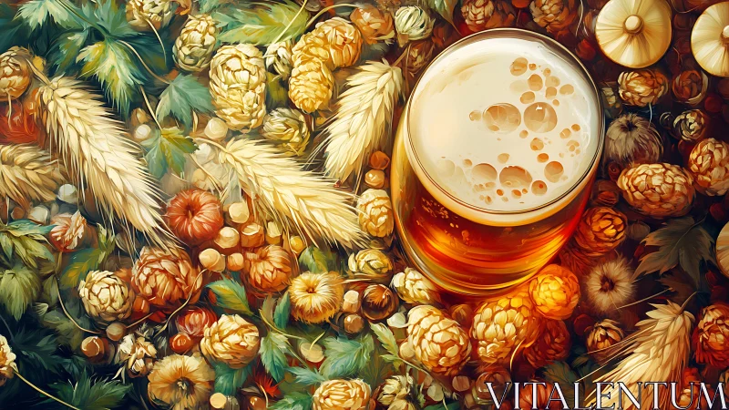 Golden craft beer nestled in lush hops and barley bounty.