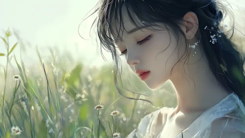 Serene young woman in sunlit meadow, soft-focus bokeh portrait.