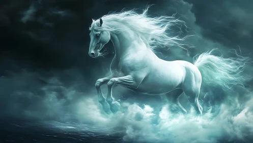 Luminescent spectral horse gallops through turbulent ocean mist