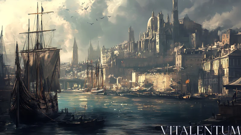 Sunlit fantasy harbor bustling beneath grand stone spires.