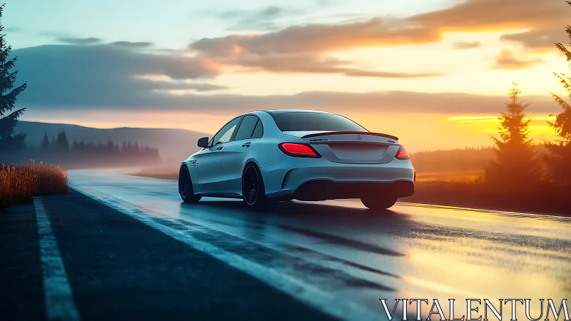 Sleek silver car gliding into a peaceful sunrise drive.