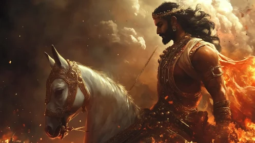 Armored warrior on white steed amid combustive stormscape.