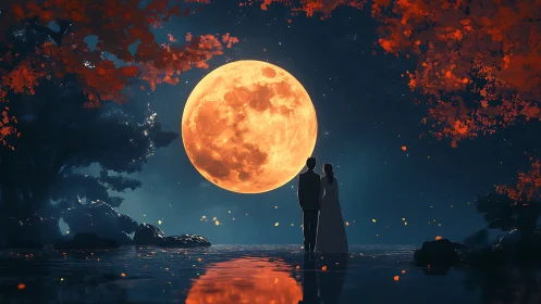 Silhouetted Couple Beneath Luminous Harvest Moon. Digital Rendering.