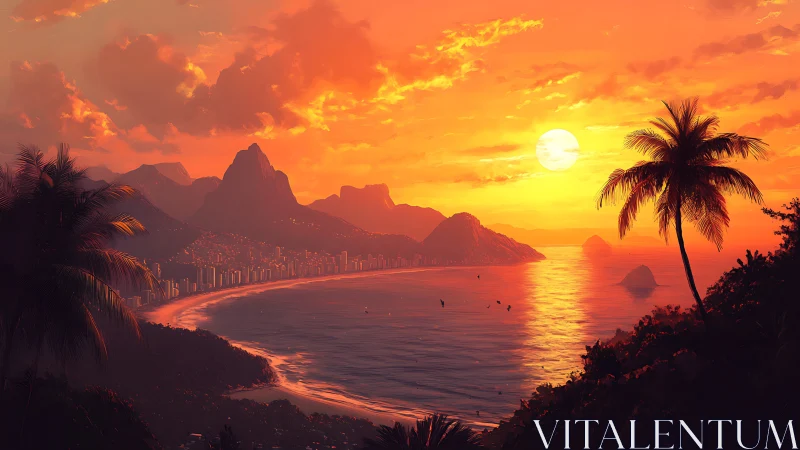 Tropical coastal city shoreline under vivid sunset sky.