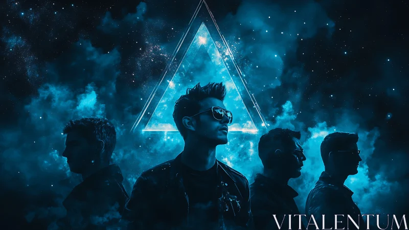 Four silhouetted figures before neon triangle in space.