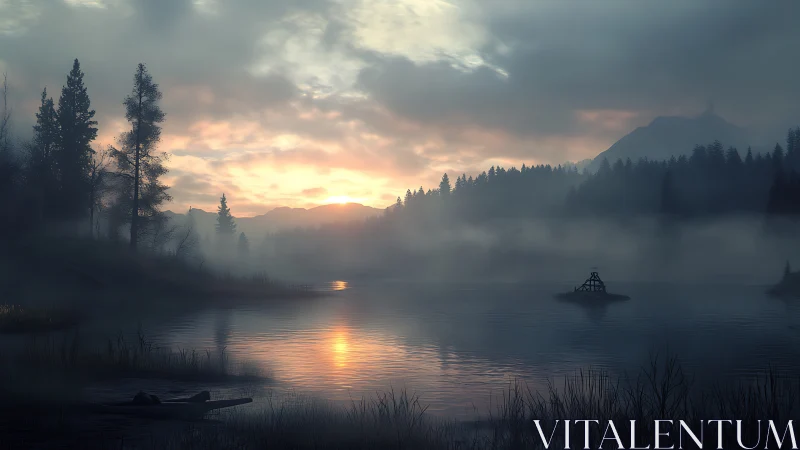Mist-laden alpine lake at sunrise rendered in soft digital realism