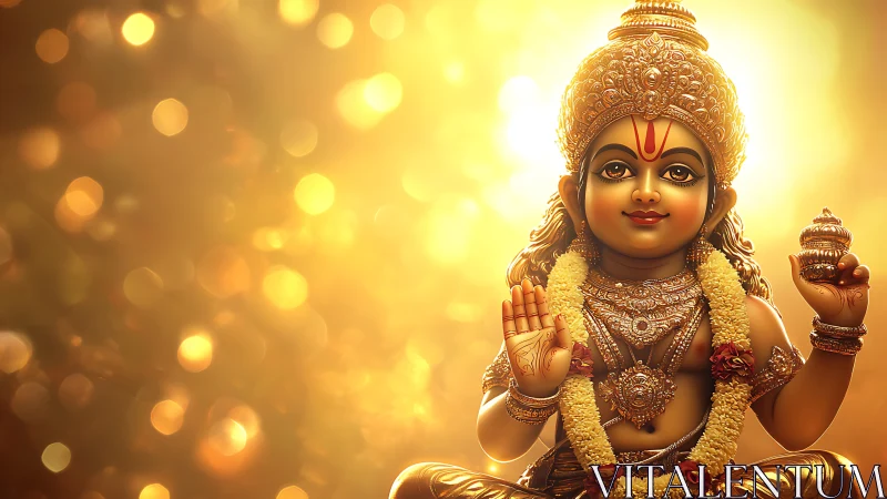 Golden child deity statue with garland and temple light.