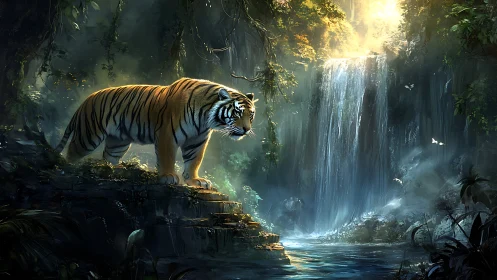 Tiger on mossed stone ledge surveys luminous jungle waterfall basin