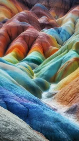 Radiant rainbow hills curve into a serene abstract valley