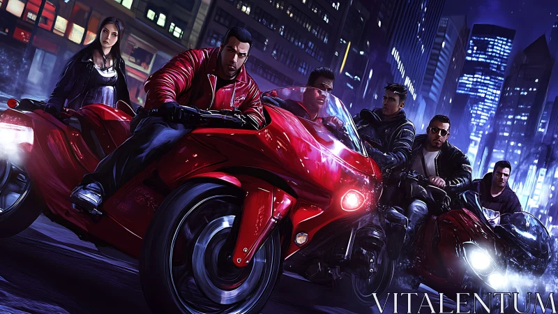 Dynamic neon night ride with red street bikes, digital painting.
