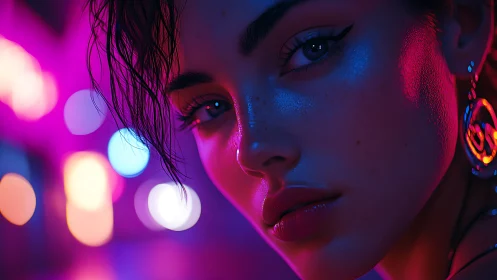 Neon-lit cyberpunk portrait with intense cinematic gaze.