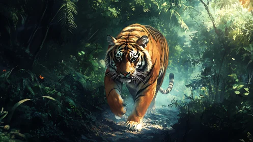 Tiger walking along shaded jungle path in dense foliage.