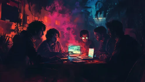 Cyberpunk hackers collaborate around glowing laptops at night.