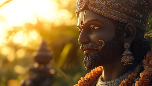 Regal Hindu deity statue in warm sunset glow.