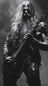High contrast portrait of metal guitarist with chains and leather armor