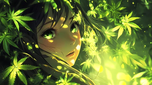 Emerald eyed forest girl glows softly among bright leaves