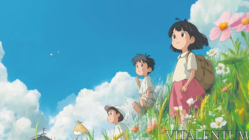 Three children gaze at a bright summer sky from flowered hill