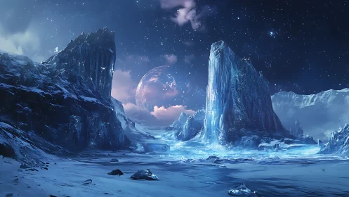 Frozen alien valley under luminous ringed planet sky.