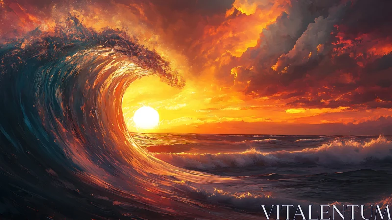 Towering sunset wave curls around a blazing ocean horizon