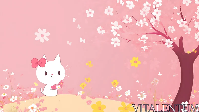 Minimalist anime kitten under stylized cherry blossom tree.