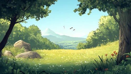 Serene Valley Hidden Among Towering Trees and Wildflowers.