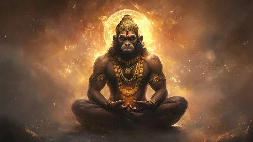 Radiant simian deity in lotus pose with golden celestial halo