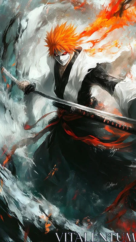 Flaming katana warrior amid turbulent abstract energy surge