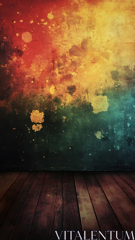 Moody painted wall and wooden floor in glowing color wash.