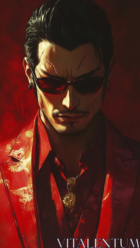 Crimson-suited stranger in shades and quiet golden fire.