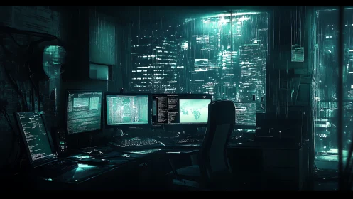 Midnight code fortress hums above the neon-drenched city