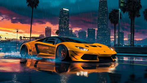 Supercar drifts through neon city rain at sunset.