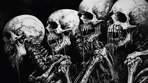 Monochrome skeletal cluster in high-contrast ink illustration.