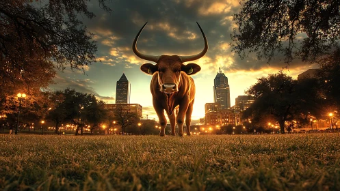 Sunset longhorn stares down the glittering city skyline.