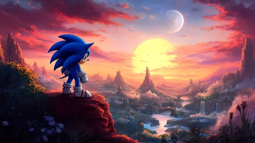 Blue hedgehog figure observing stylized valley sunset scene.