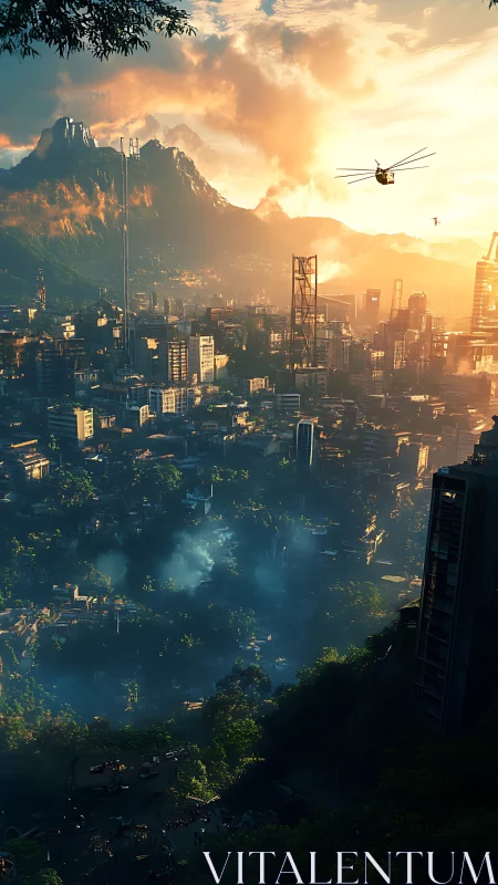 Panoramic view shows dense city beneath mountainous horizon