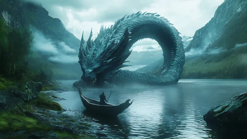 Colossal serpentine dragon confronting lone rowboat on misty fjord