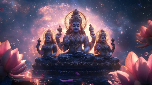 Celestial triple deity sculpture under volumetric nebula backlight