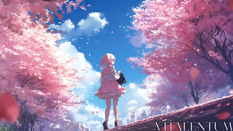 Blossom-lined path cradles a daydreaming girl in spring light.